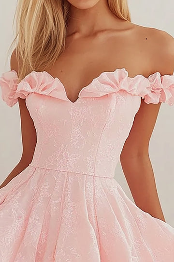 Off the Shoulder Pink Short Graduation Dress with Ruffles